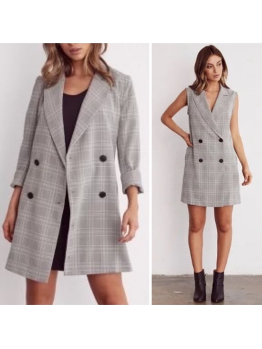 VETTA Convertible Glen Plaid Double Breasted Blazer Dress XS